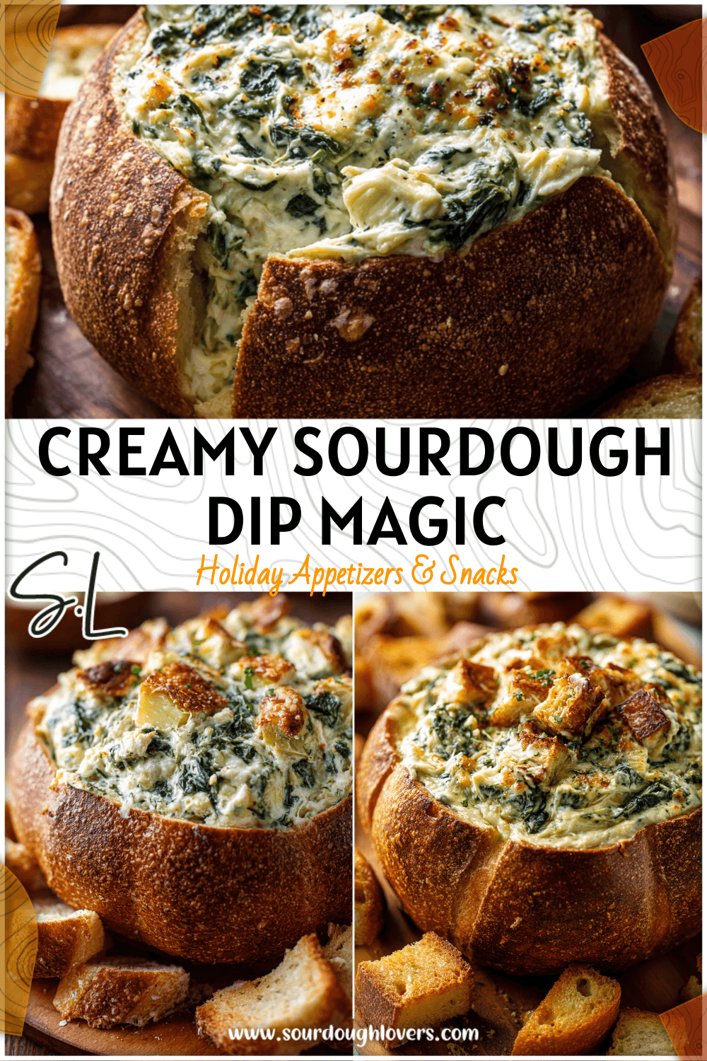 Close-up of creamy Spinach Artichoke Dip In Sourdough Bowl with toasted bread pieces ready for dipping.